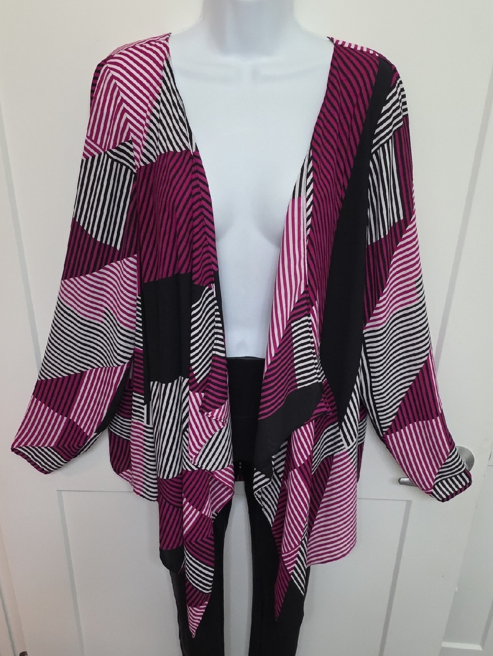 Lane Bryant Magenta and Black Striped Open-Front Cardigan